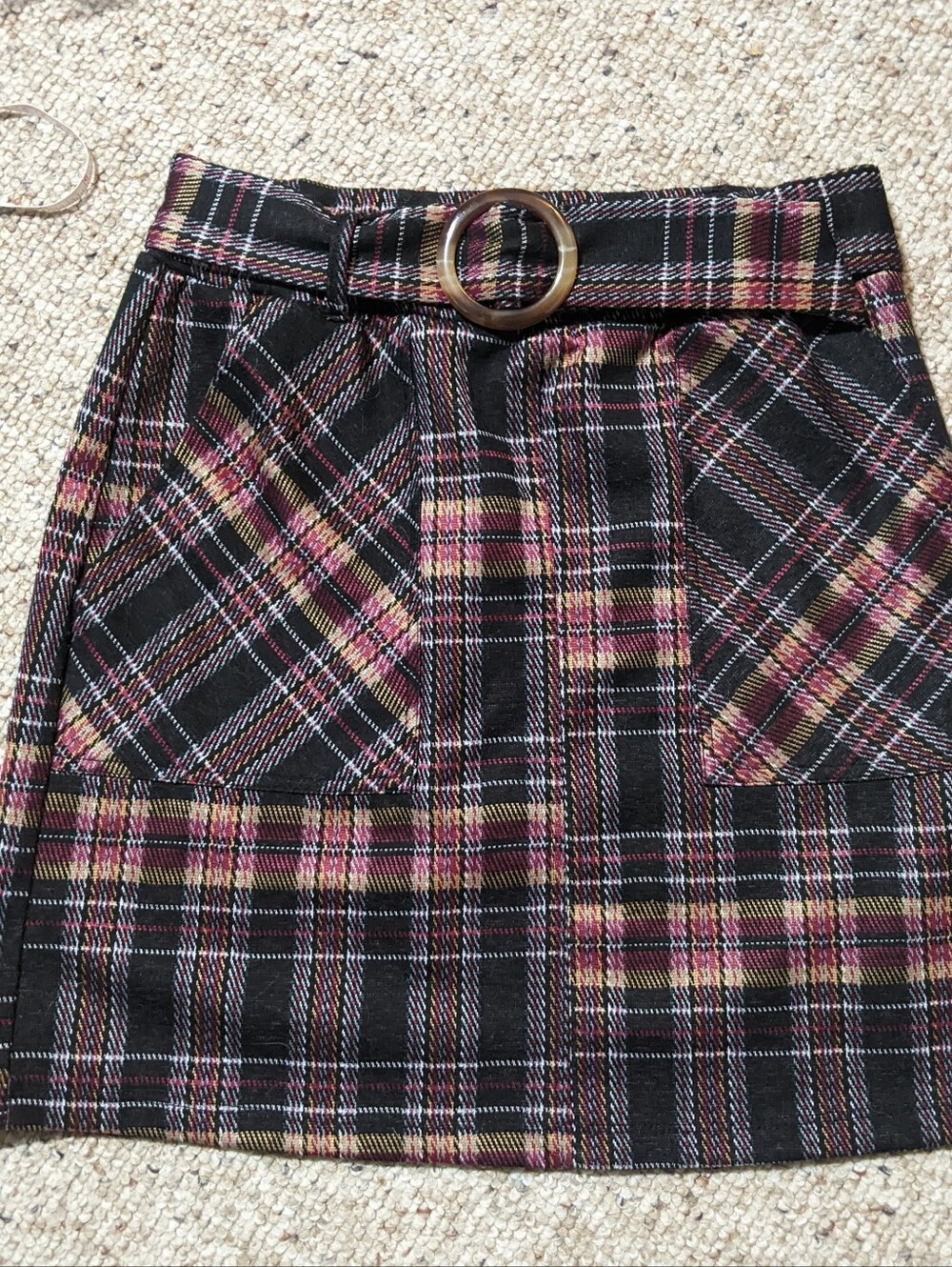 Y2K Originality Plaid Red Mini Skirt M Vtg Belted